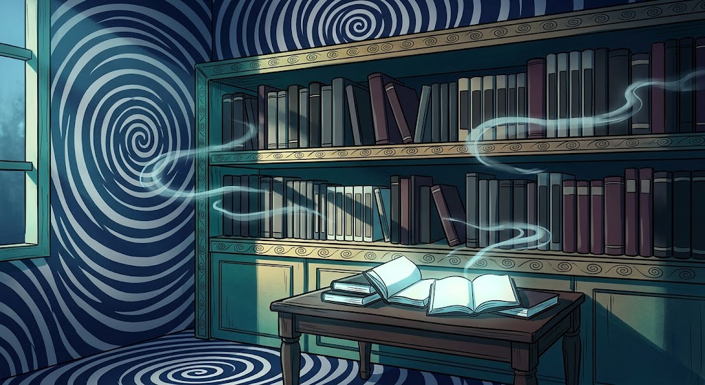 Manga bookshelf with spiral horror atmosphere and collector volumes